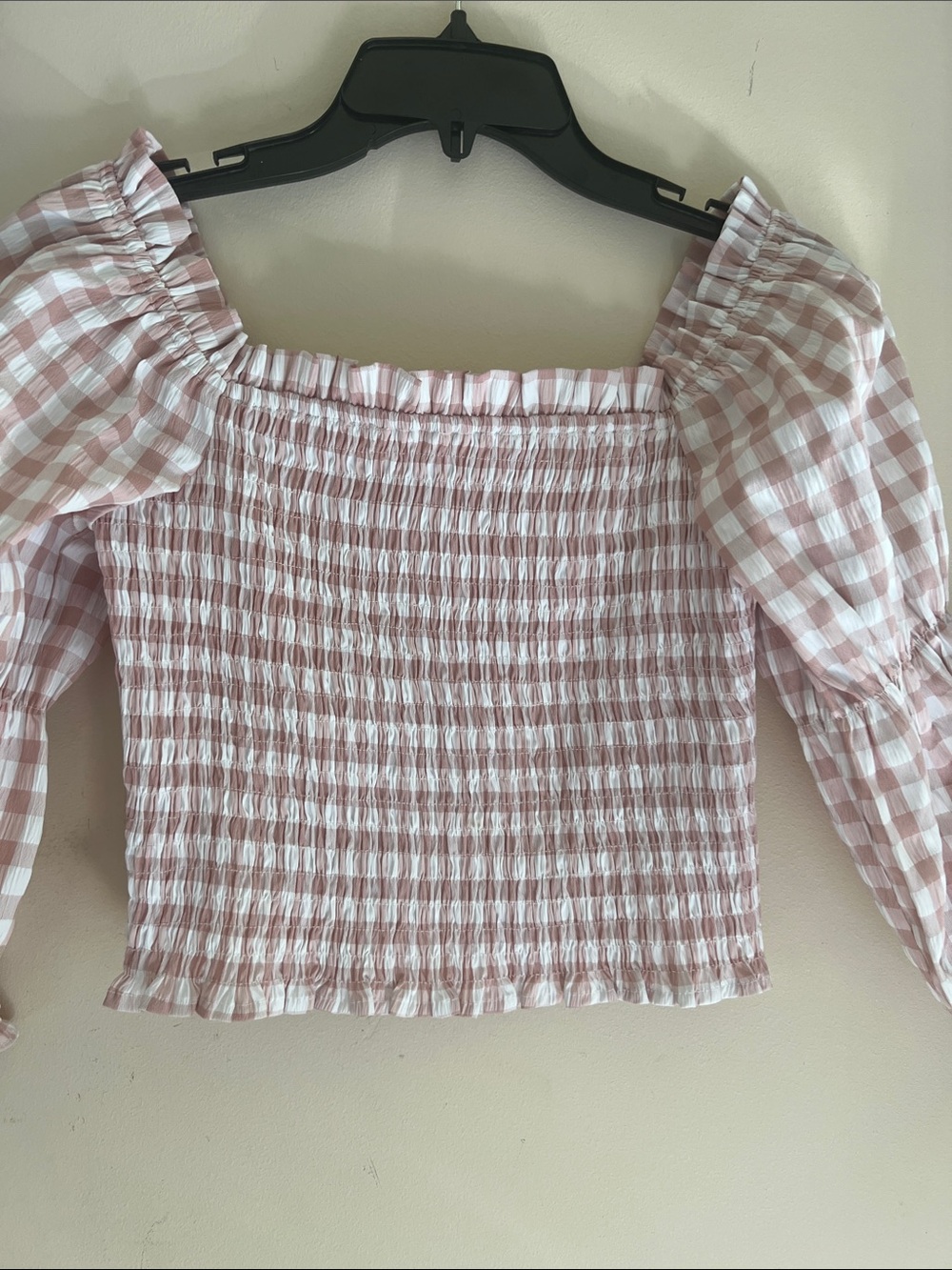 Mi Ami Smocked Off-Shoulder Pink Gingham Top